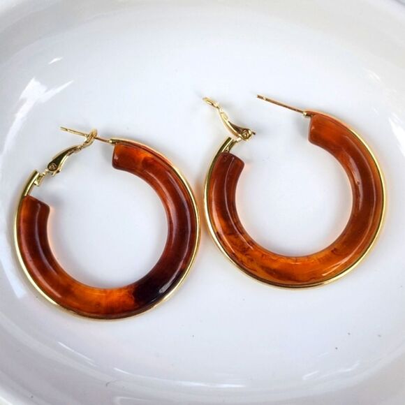 Butterscotch Resin Hoop Earring With Gold Plated Outline 1.64in - Picture 4 of 14